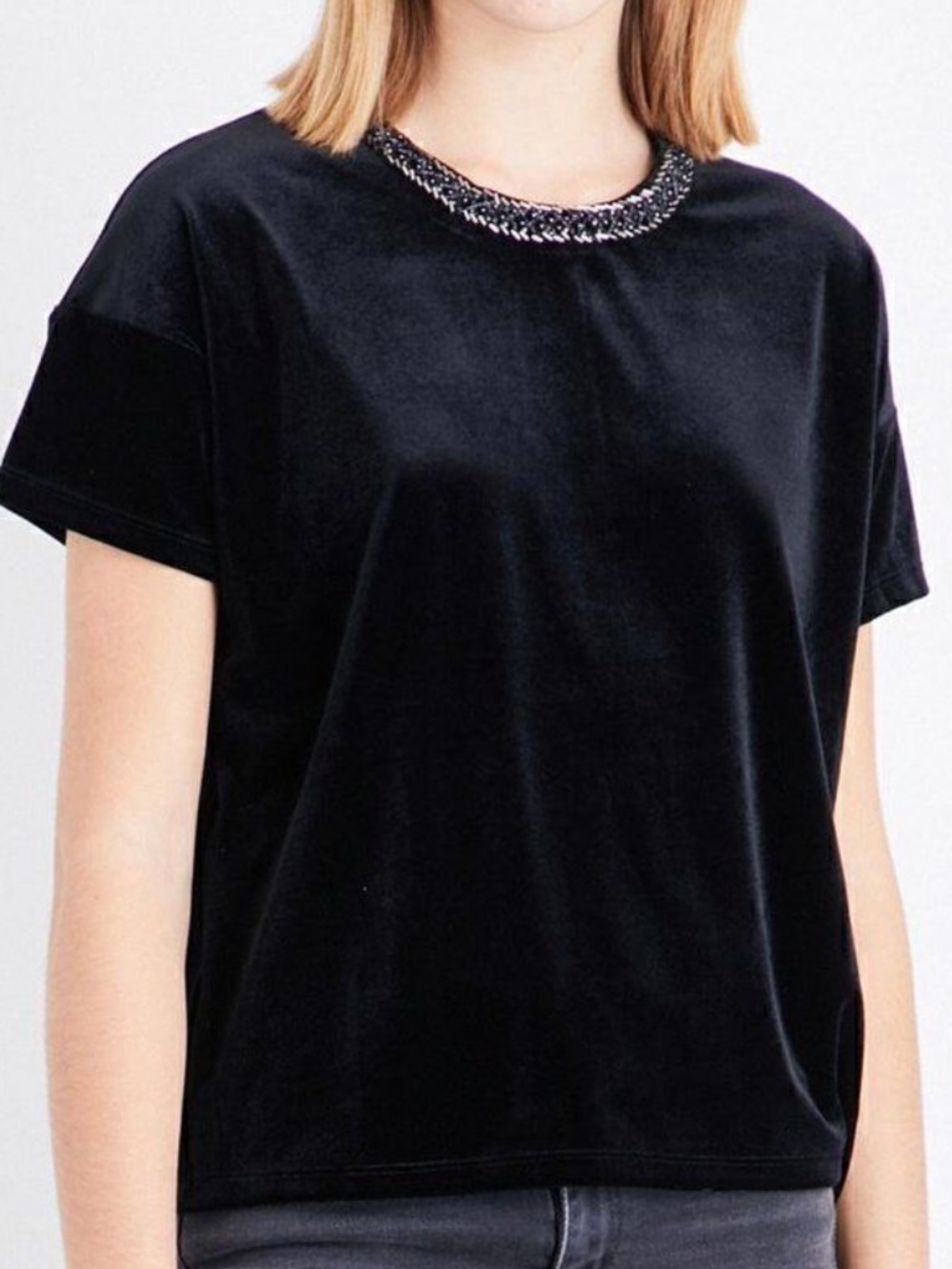 The Kooples Black Beaded Velvet Jewel-Neck Top